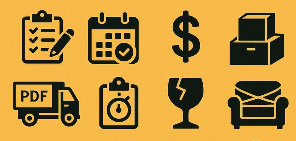 Eight black icons on a yellow background, including a checklist, calendar, dollar sign, boxes, PDF truck, stopwatch, broken glass, and an armchair—perfect for your Questions to Ask when booking a Moving Company Vancouver.